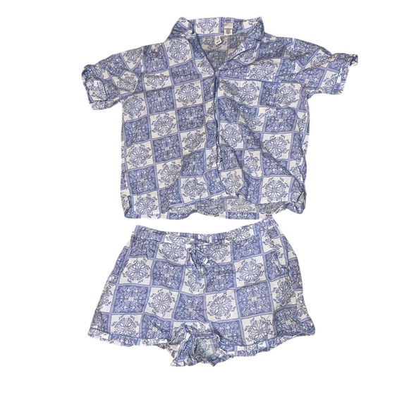 Joie Blue White Tile Floral Organic Cotton Pajama Set Shorts Shirt Large - Picture 2 of 6
